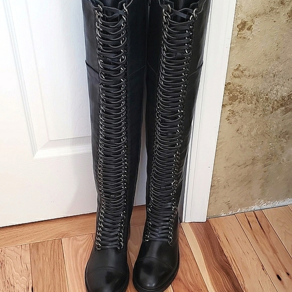Lust For Life black leather 22" high boots 8.5 suede lace pewter chain link New - Picture 8 of 14